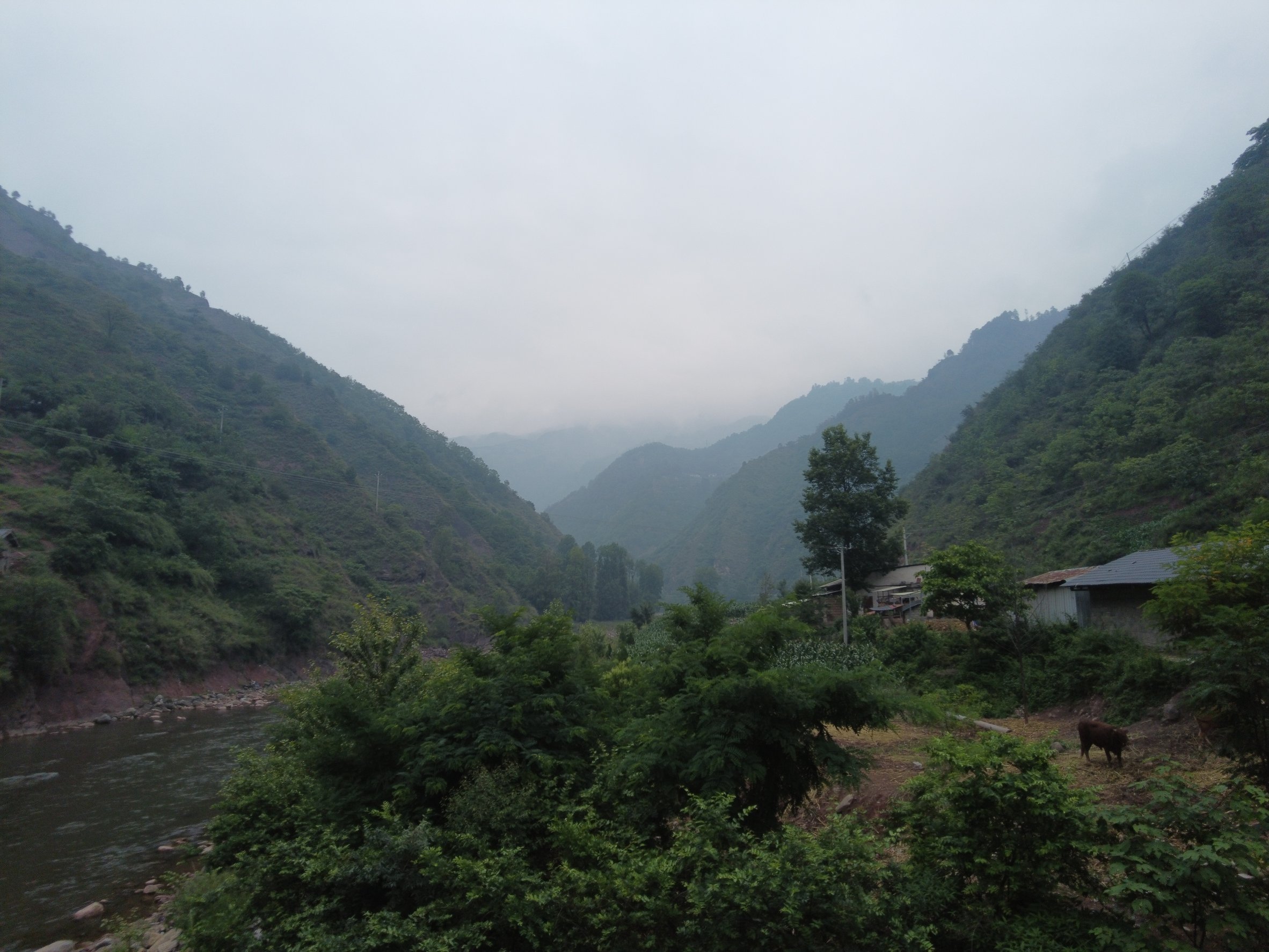 A river in a valley with farmhouses beyond, overcast sky